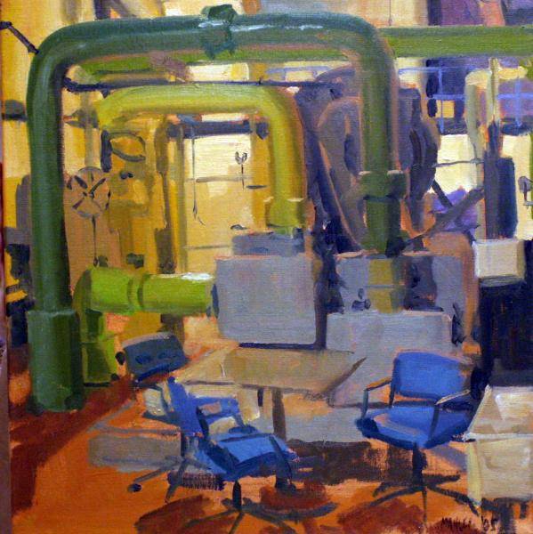 Painting of the inside of the Central Utilities Building on GVSU's Allendale campus by Perin Mahler.